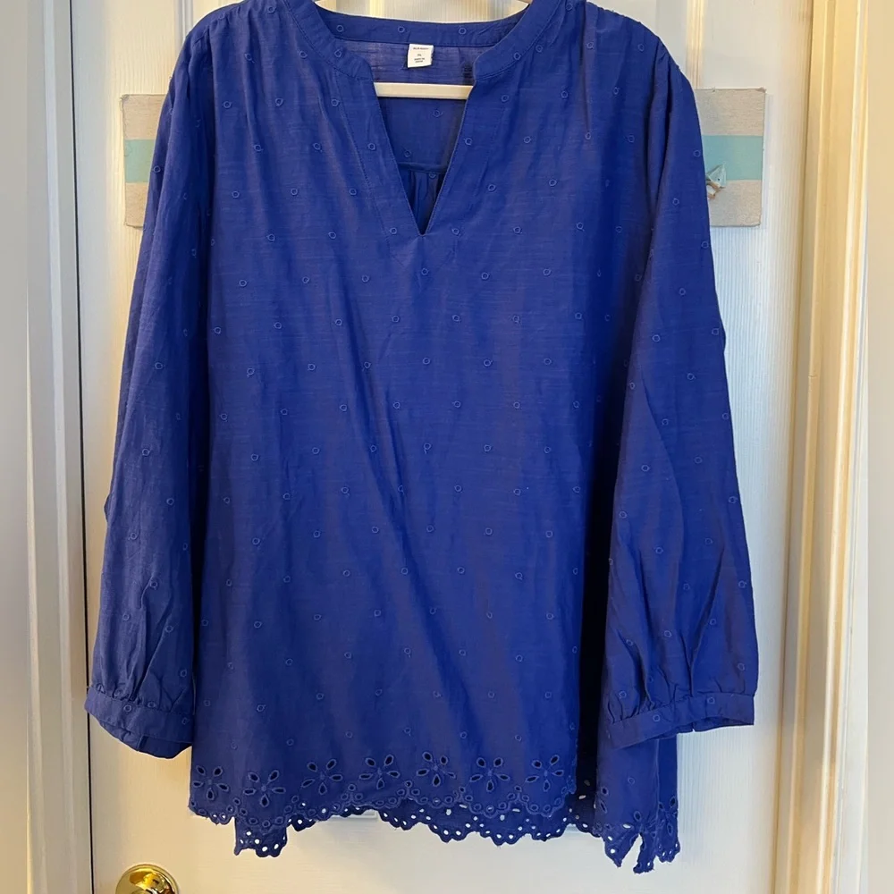 Old Navy Blue Boho Top w/Scalloped Eyelet Trim Sz XL NWT
